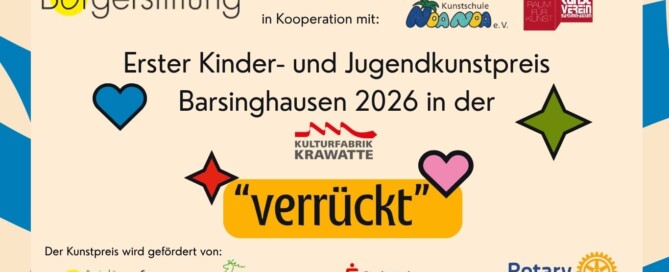 Die Barsinghäuser Bürgerstiftung lädt gemeinsam mit der Kunstschule NOA NOA und dem Kunstverein Barsinghausen zum ersten Kinder- und Jugendkunstpreis in der Kulturfabrik Krawatte ein.