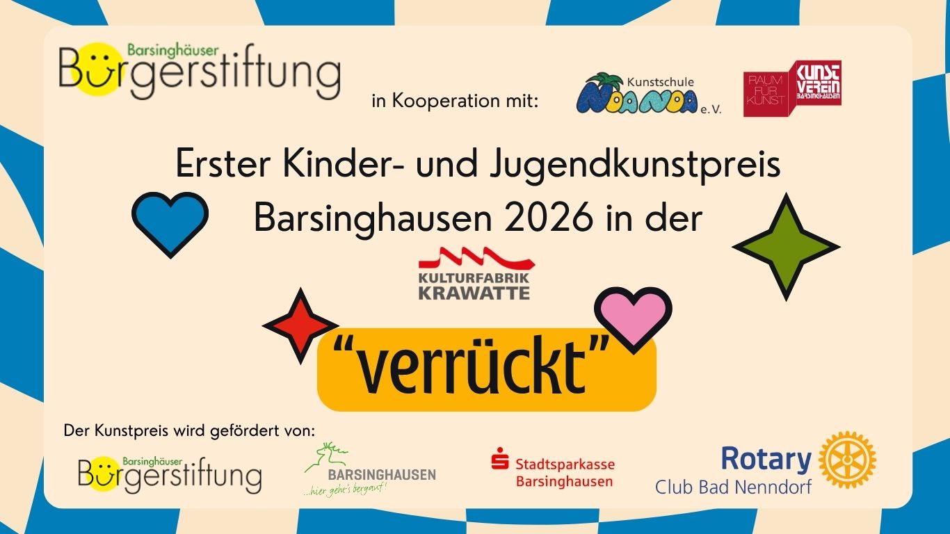 Die Barsinghäuser Bürgerstiftung lädt gemeinsam mit der Kunstschule NOA NOA und dem Kunstverein Barsinghausen zum ersten Kinder- und Jugendkunstpreis in der Kulturfabrik Krawatte ein.